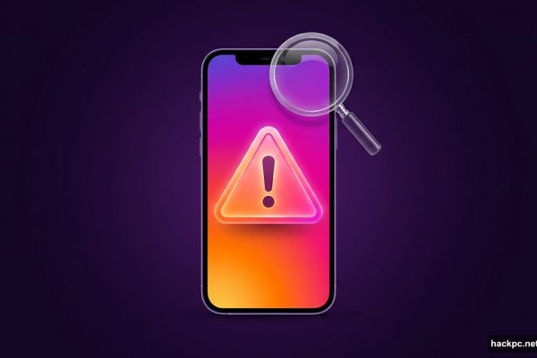 Smartphone with Instagram gradient screen showing a prominent glowing warning alert.