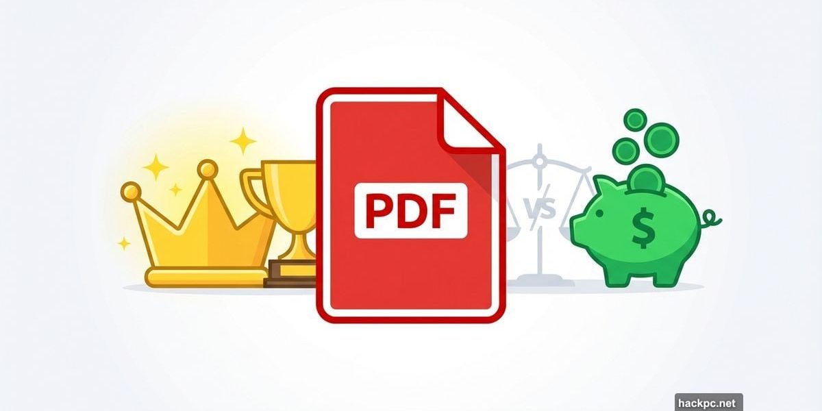 PDF file icon balanced between premium trophy and budget piggy bank symbols
