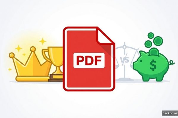 PDF file icon balanced between premium trophy and budget piggy bank symbols