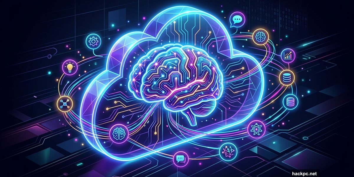 Glowing AI brain inside a secure cloud shield orchestrating digital tasks.
