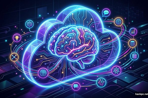 Glowing AI brain inside a secure cloud shield orchestrating digital tasks.
