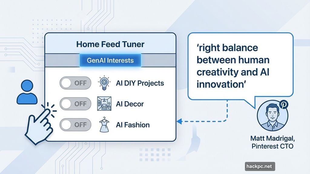 Pinterest GenAI Interests tab lets users toggle off AI categories
