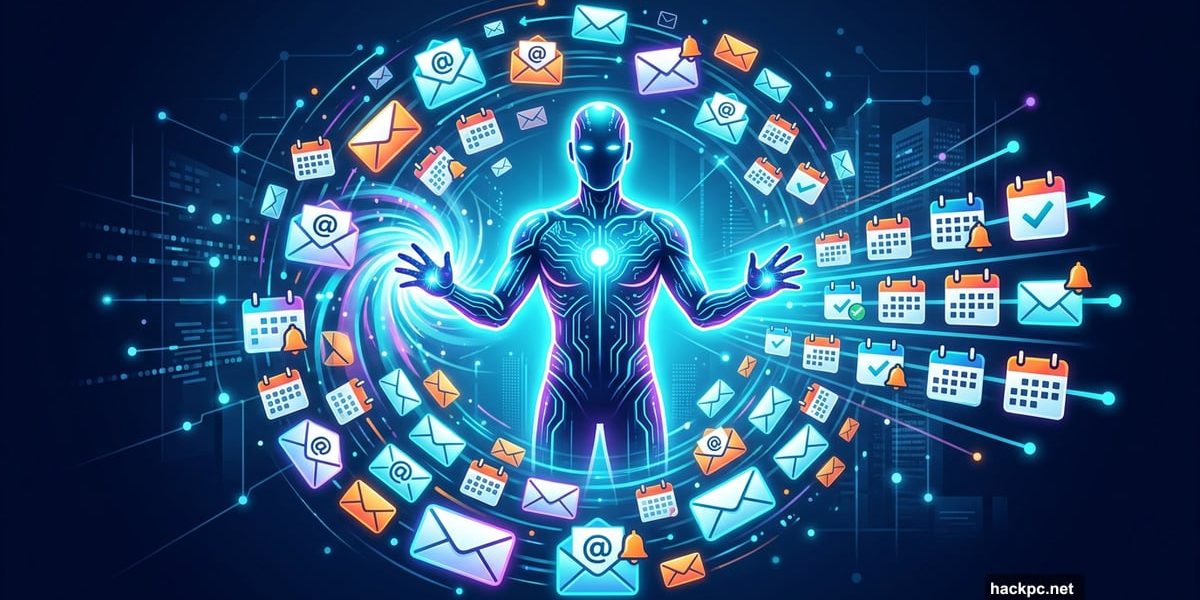Glowing AI digital twin organizing floating email envelopes and calendar icons