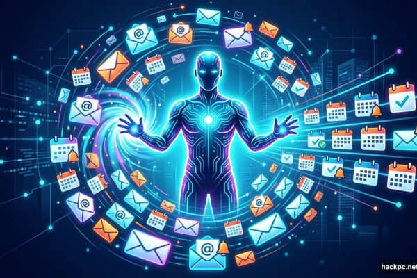 Glowing AI digital twin organizing floating email envelopes and calendar icons