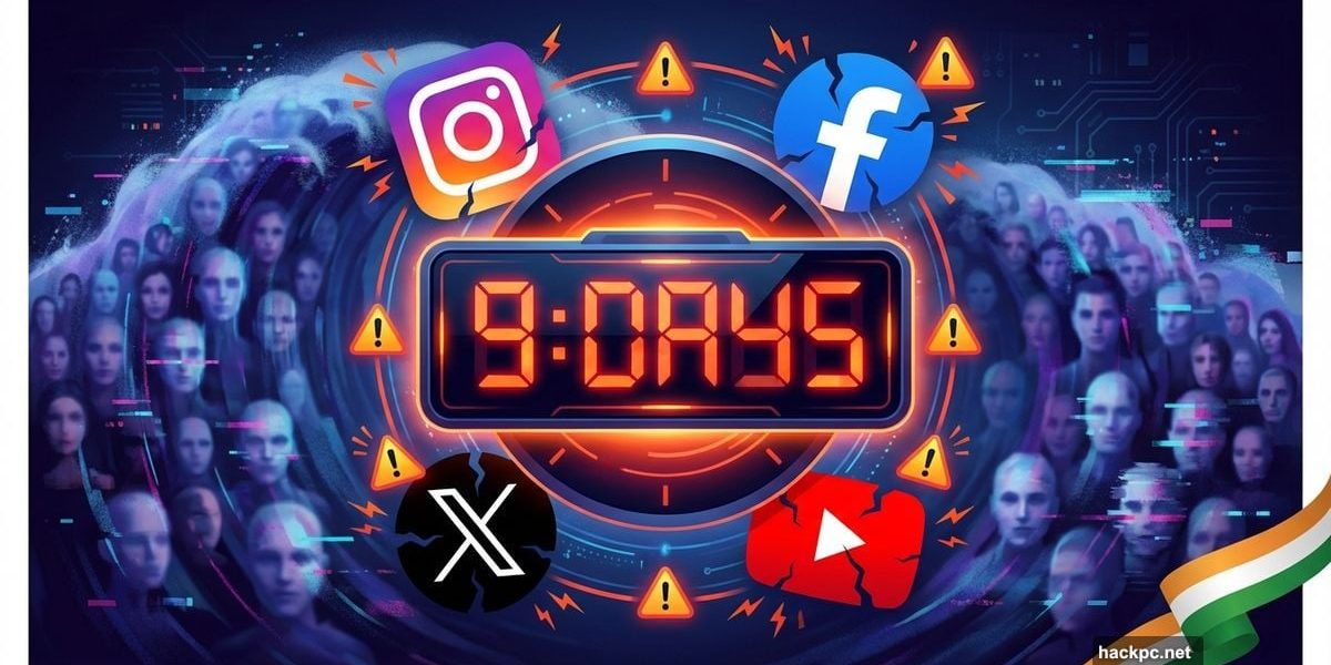 Countdown clock showing nine days with social media logos surrounded by deepfake imagery