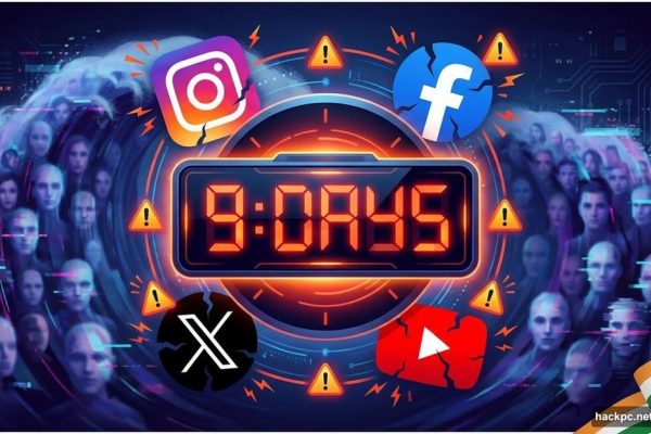 Countdown clock showing nine days with social media logos surrounded by deepfake imagery