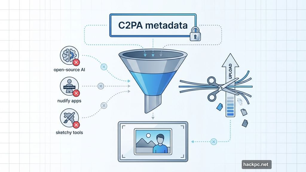 C2PA metadata system fails as content credentials are easily stripped
