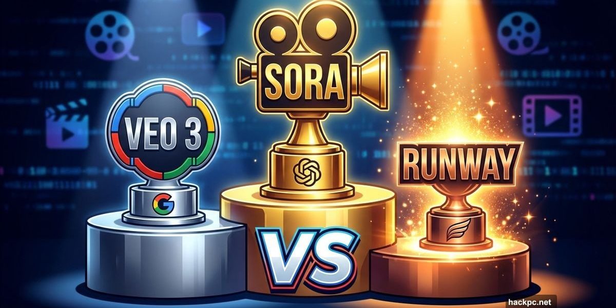 AI video platforms Sora, Veo 3, and Runway on competition podium