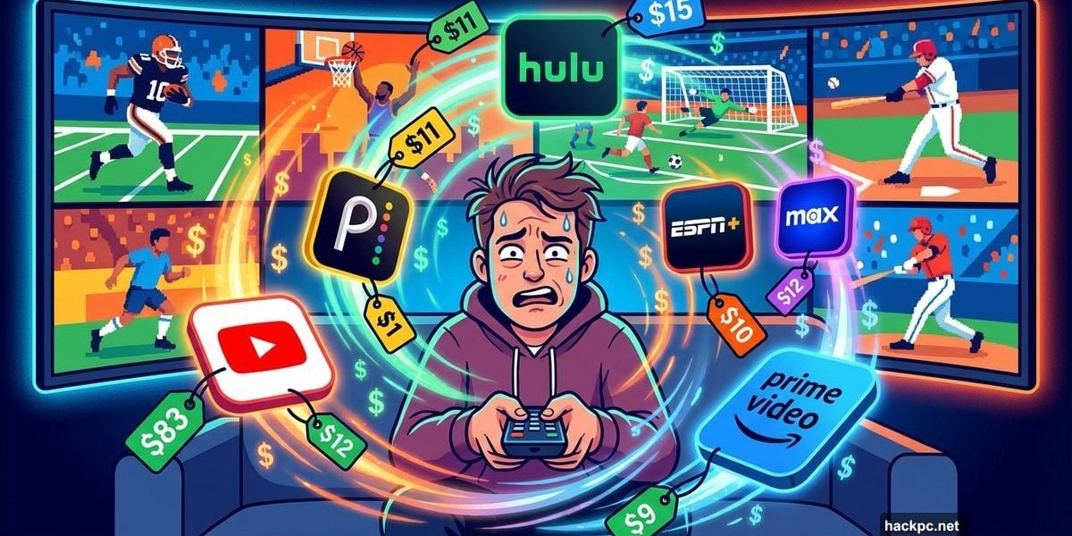 Confused viewer surrounded by multiple streaming service logos and prices