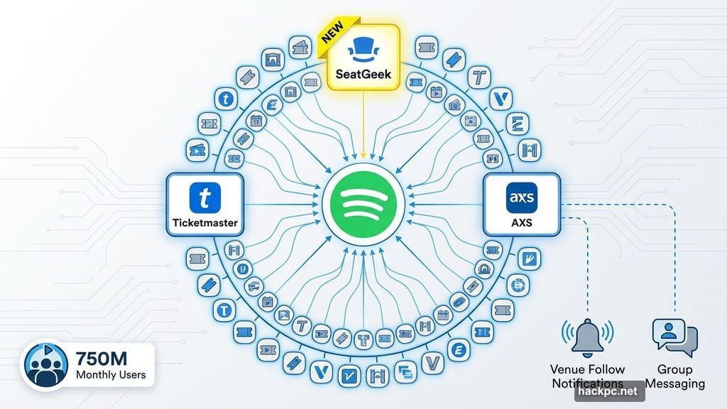 Spotify connects 46 ticketing partners including Ticketmaster, AXS, and SeatGeek