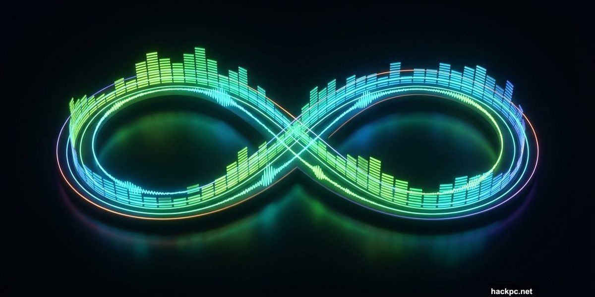 Glowing green infinity symbol made of audio waves representing seamless playlist transitions.
