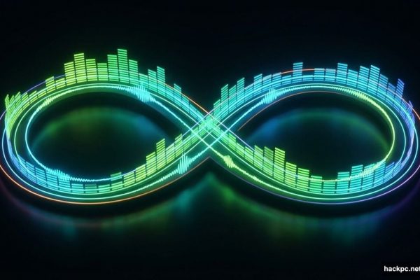 Glowing green infinity symbol made of audio waves representing seamless playlist transitions.