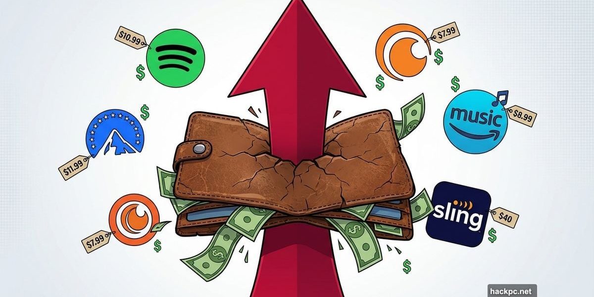 Upward arrow piercing wallet surrounded by streaming service logos and price tags