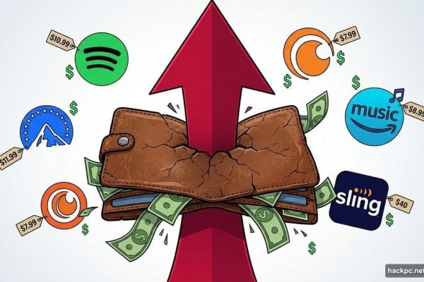 Upward arrow piercing wallet surrounded by streaming service logos and price tags