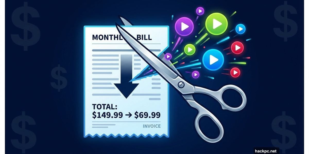 Scissors cutting a streaming bill revealing colorful streaming service icons