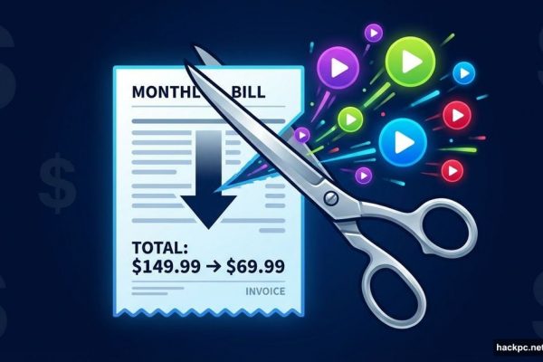 Scissors cutting a streaming bill revealing colorful streaming service icons