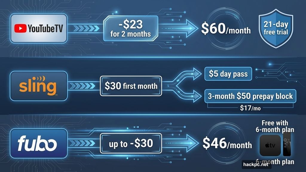 YouTube TV Sling TV Fubo live streaming introductory discount deals compared