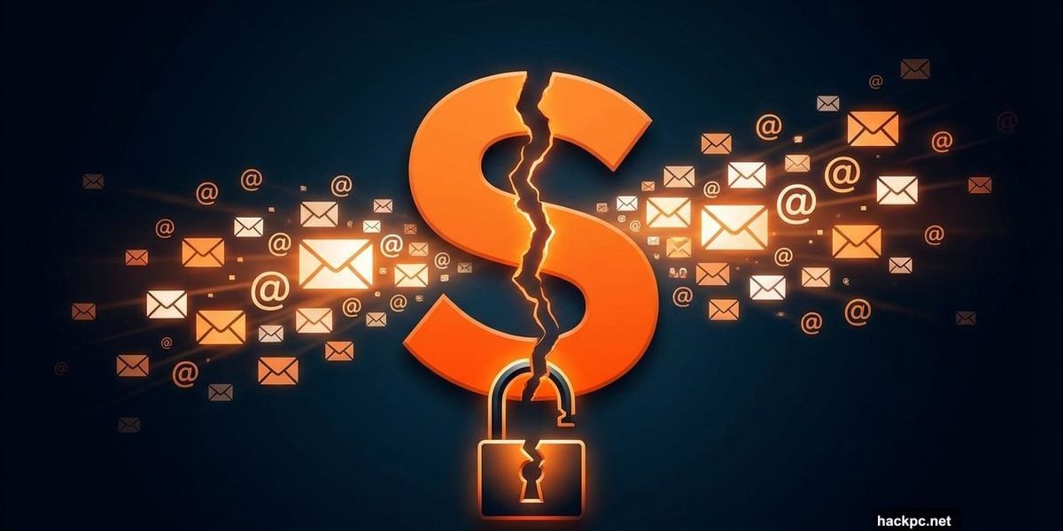 Cracked Substack logo with email addresses leaking from broken security lock