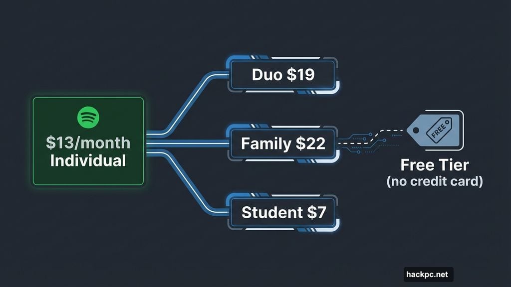Spotify Premium pricing tiers from individual to family plans