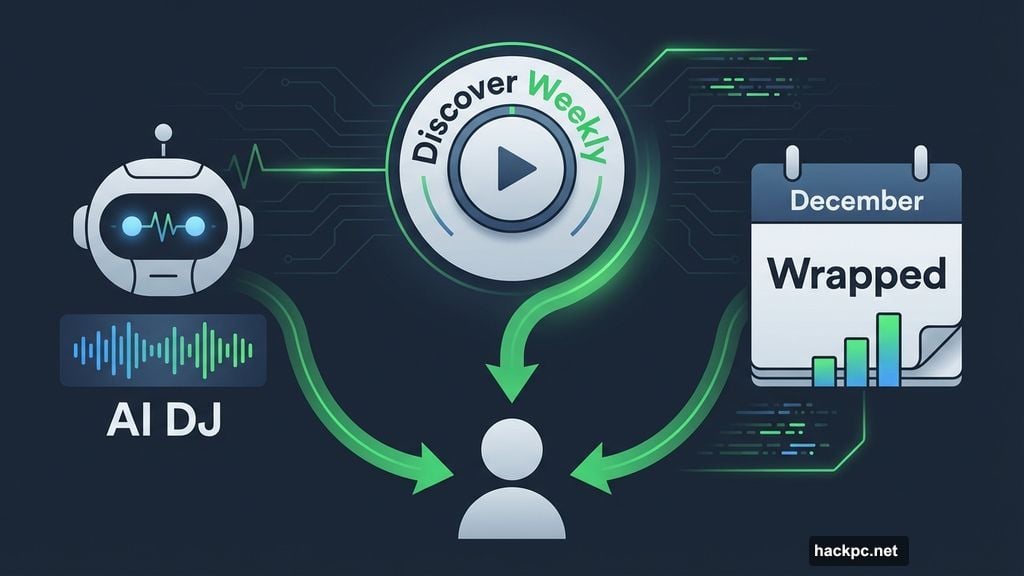 Spotify Discover Weekly AI DJ and annual Wrapped music features