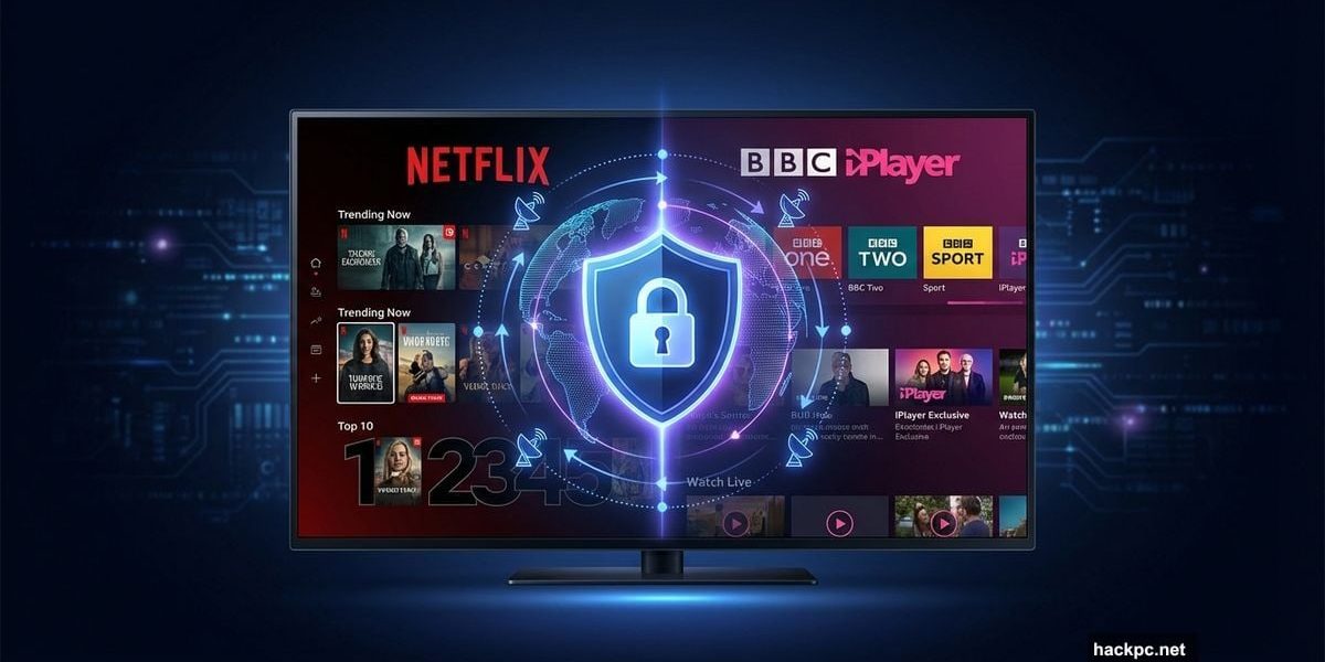 Smart TV with VPN shield unlocking global streaming content regions