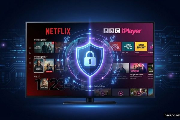 Smart TV with VPN shield unlocking global streaming content regions