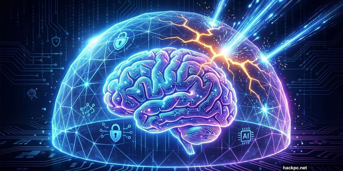 A glowing AI brain inside a cracked digital shield being actively repaired.