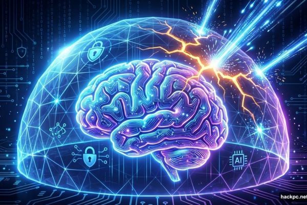 A glowing AI brain inside a cracked digital shield being actively repaired.
