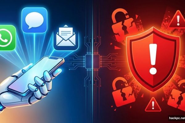 AI butler controlling apps versus security warning shield symbol