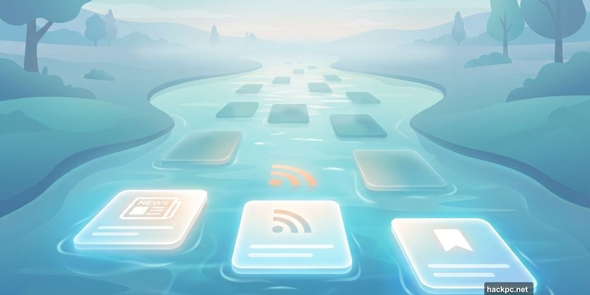 Calm river of glowing news cards flowing peacefully, replacing inbox anxiety