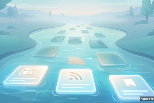 Calm river of glowing news cards flowing peacefully, replacing inbox anxiety