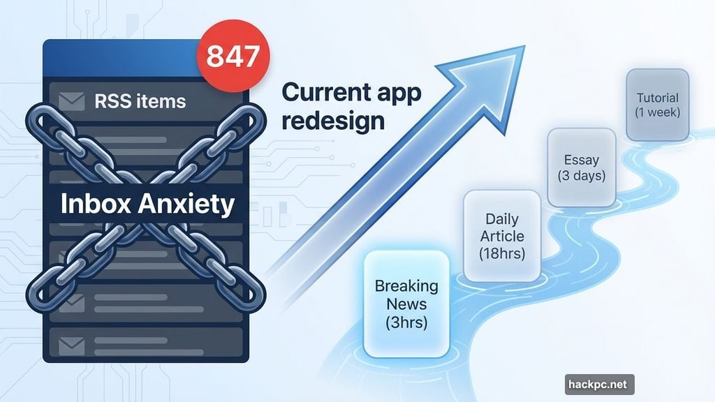 RSS reader replaces unread count inbox with calm river stream