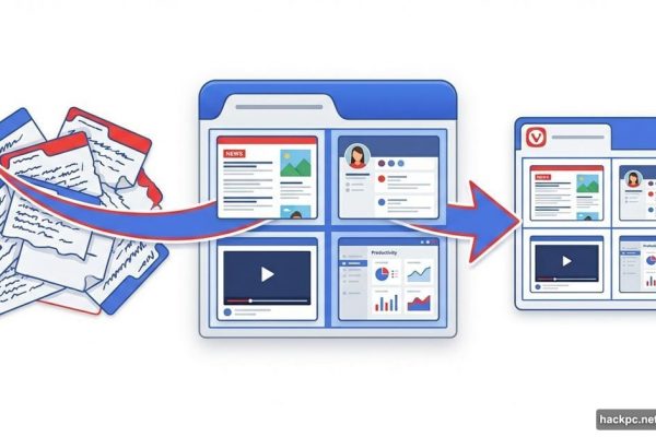 Browser tab chaos transforming into organized tiled grid layout in Vivaldi