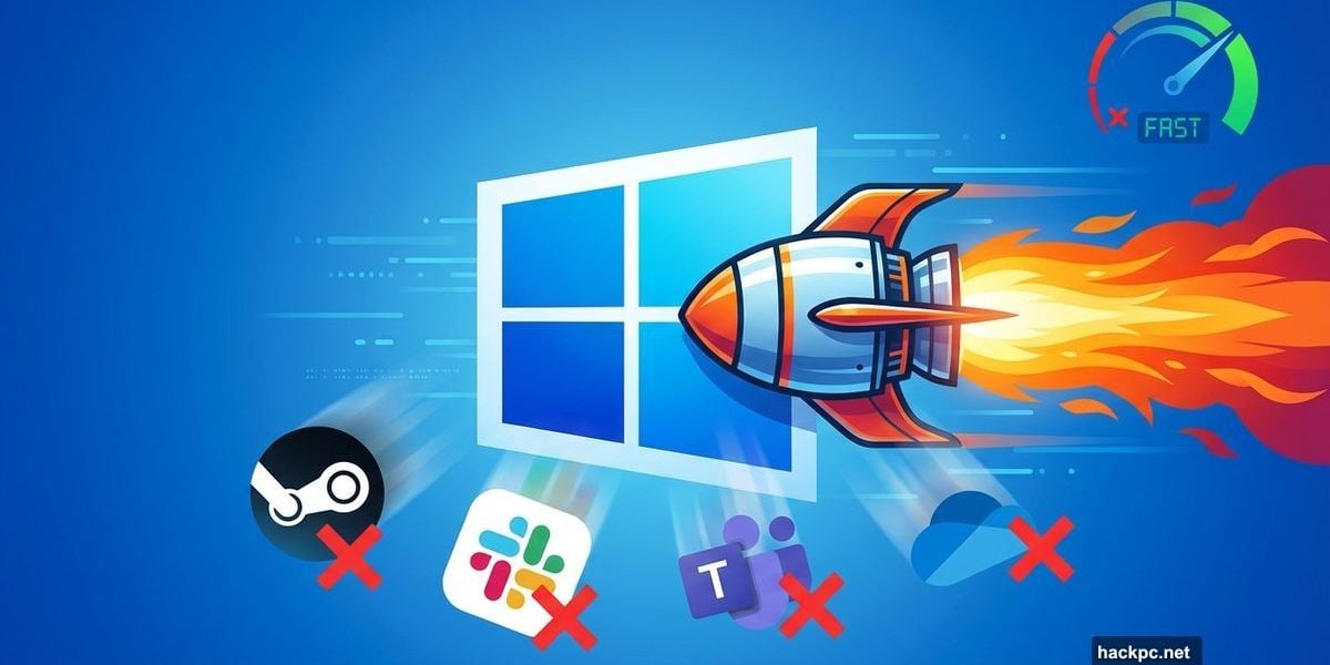 Windows 11 logo with rocket booster, disabled startup apps falling away