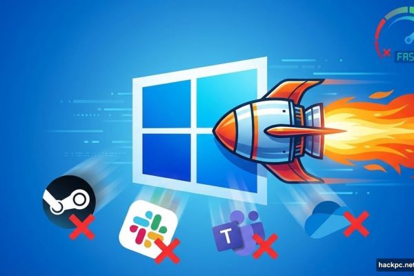 Windows 11 logo with rocket booster, disabled startup apps falling away