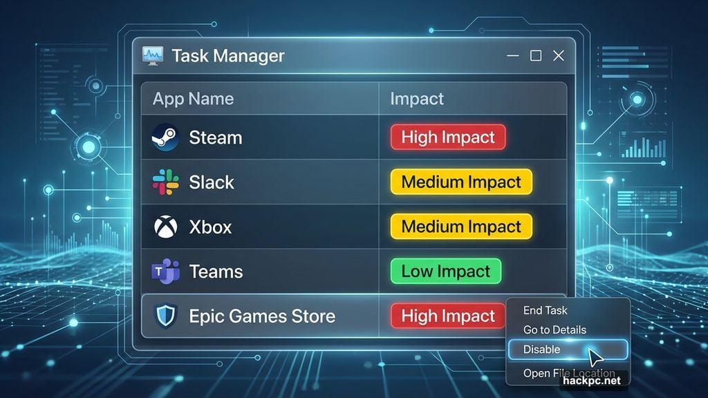 Task Manager shows startup impact ratings for each application