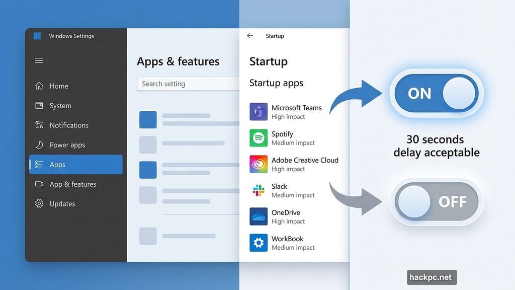 Settings app offers toggle switches to disable startup applications