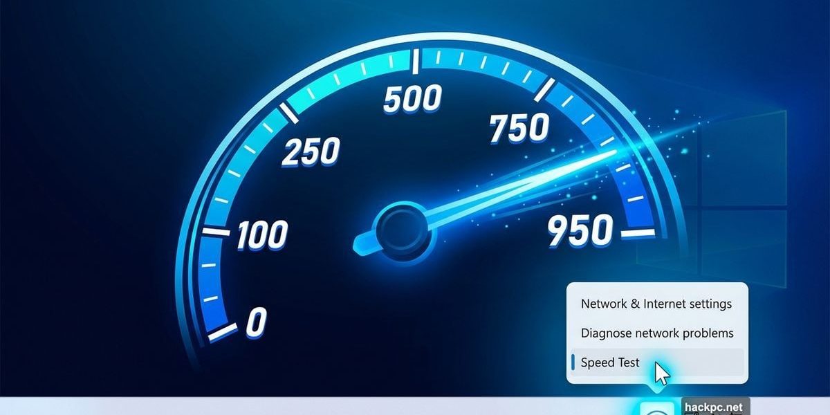 Windows 11 taskbar network icon opening a built-in speed test speedometer