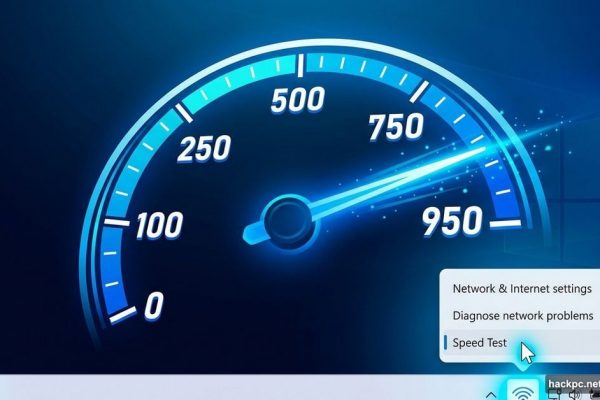 Windows 11 taskbar network icon opening a built-in speed test speedometer
