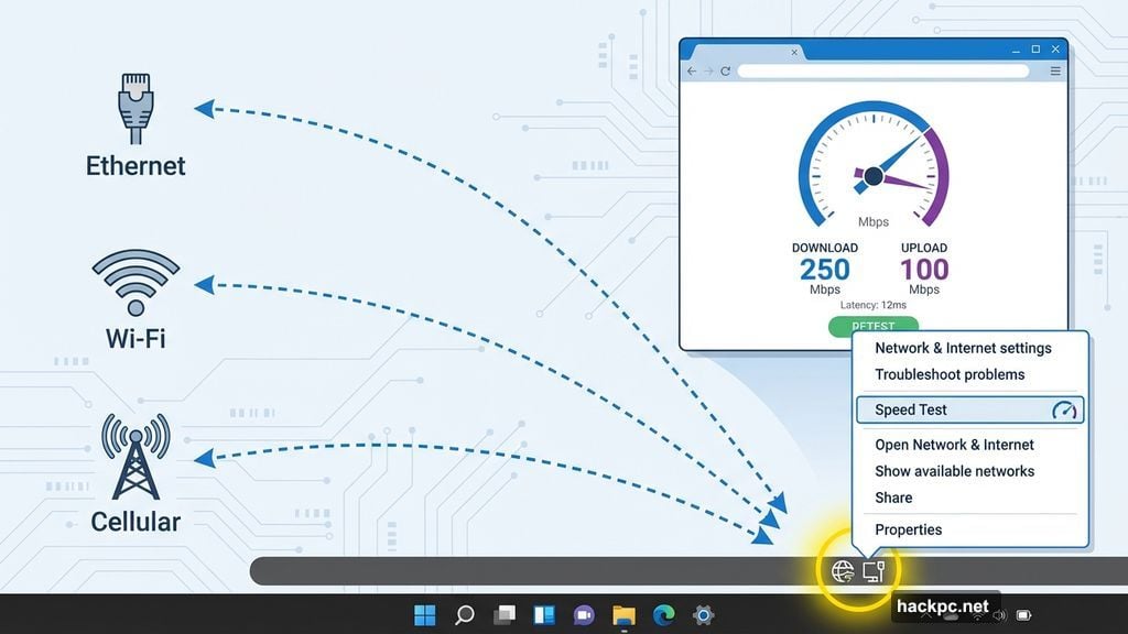 Right-click network icon in taskbar reveals built-in speed test option