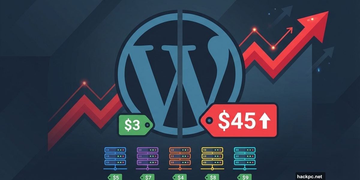 WordPress logo split showing price jump from $3 to $45 with affordable alternatives