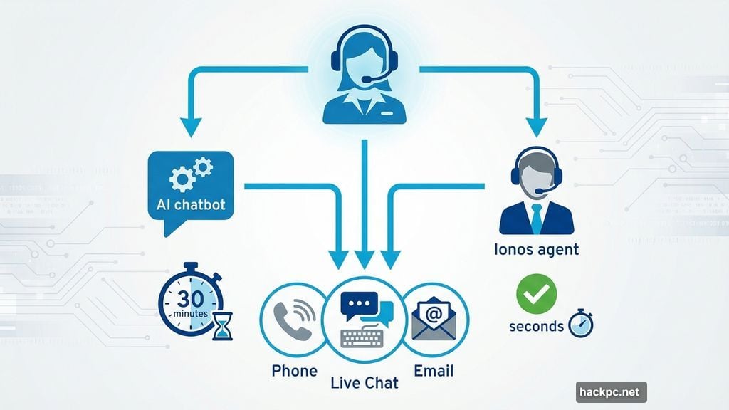 Customer service connects through AI chatbots or live human agents instantly