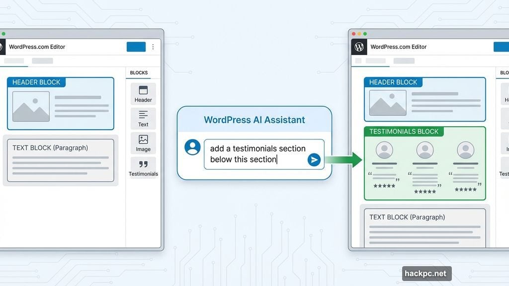 WordPress AI Assistant adds testimonials section using natural language commands