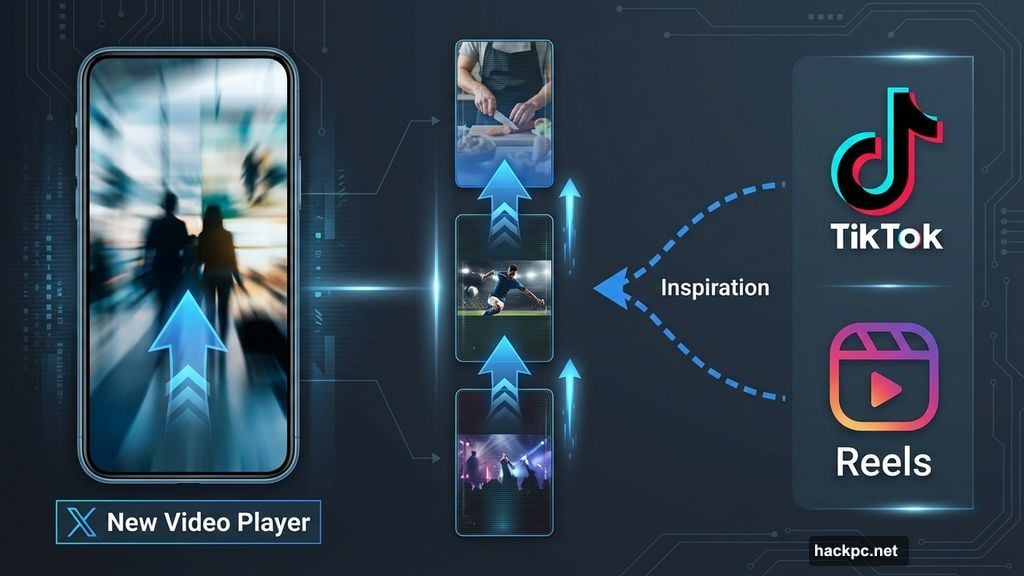 X new full-screen vertical video player with swipe-up gesture