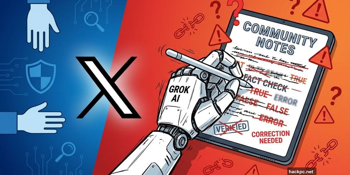 X logo with AI robot hand writing Community Notes surrounded by warning symbols