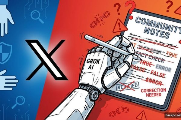 X logo with AI robot hand writing Community Notes surrounded by warning symbols