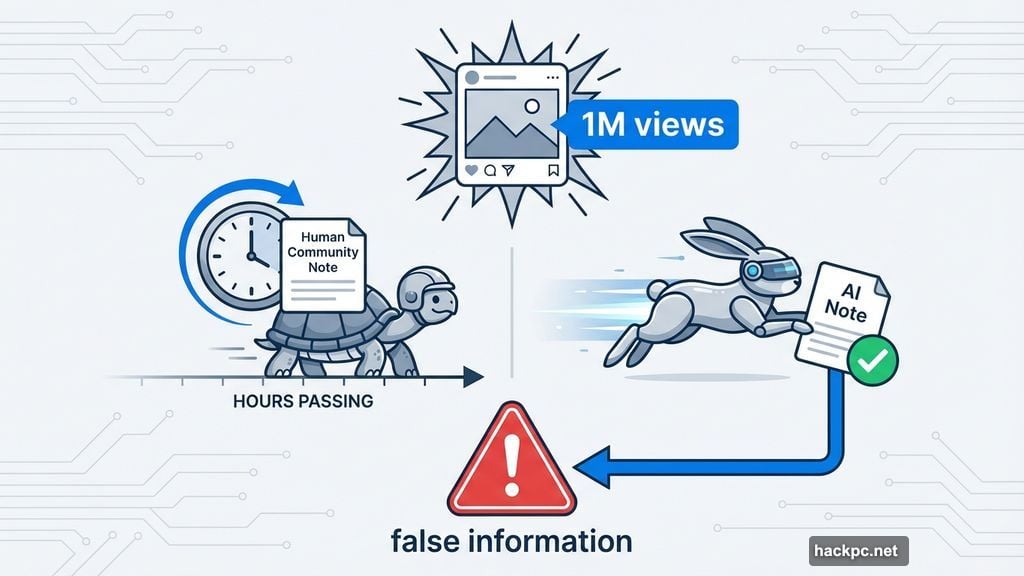 Speed versus accuracy problem with AI-generated Community Notes misinformation