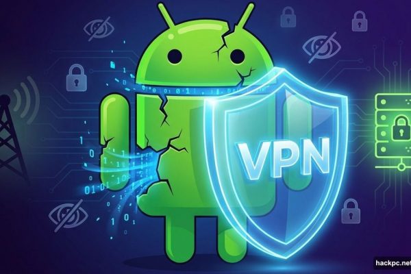 Android robot leaking data protected by VPN shield symbol