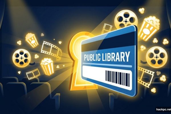 Library card inserted into keyhole unlocking streaming movies and films
