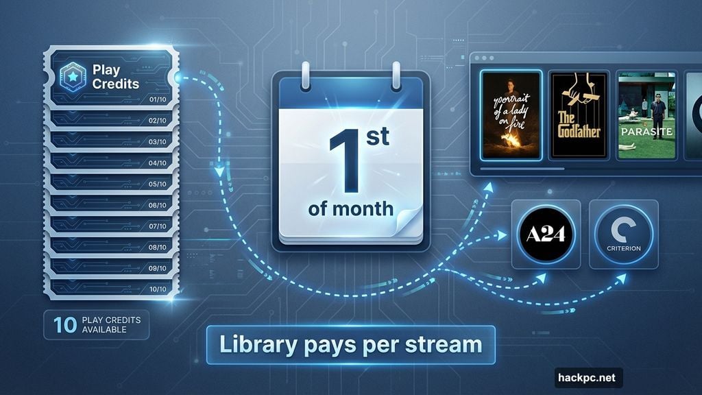 Ten monthly play credits system with curated Criterion and A24 films